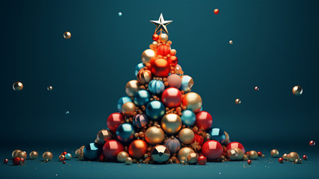 Christmas tree made of christmas baubles on blue background. 3D renderingの素材
