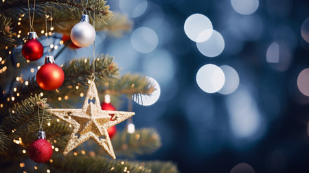 Christmas tree with red and white baubles and golden star on bokeh backgroundの素材