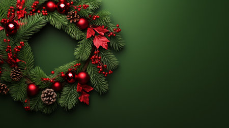 Christmas wreath with red baubles and fir branches on green backgroundの素材