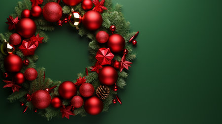 Christmas wreath with red baubles on green background 3D renderingの素材