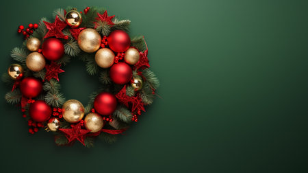 Christmas wreath on green background. Top view with copy space.の素材