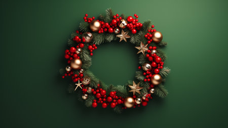 Christmas wreath with red berries and golden stars on green background. 3D renderingの素材