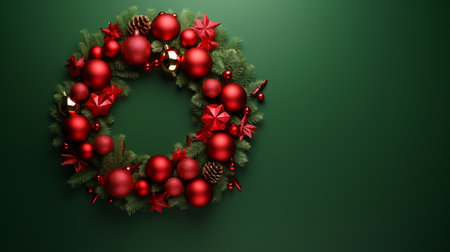 Christmas wreath with red baubles on green background. 3D renderingの素材