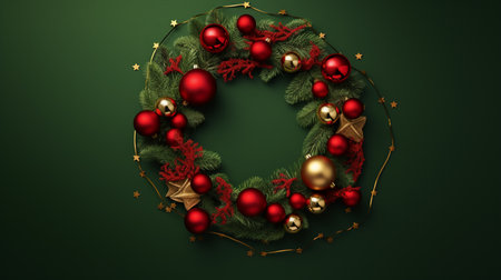 Christmas wreath with red and gold baubles on green backgroundの素材