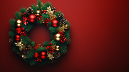 Christmas wreath with red and gold baubles on red backgroundの素材