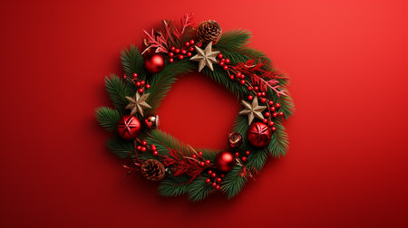 Christmas wreath on red background. Top view with copy space.の素材