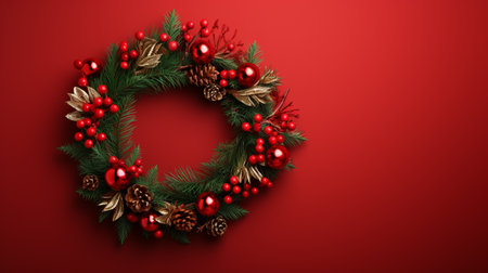 Christmas wreath with red baubles and pine cones on red backgroundの素材