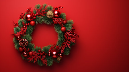 Christmas wreath with red balls and pine cones on red background.の素材