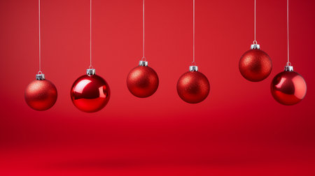 Red christmas balls hanging on a red background. 3d renderingの素材