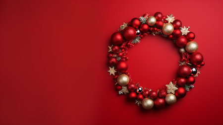 Christmas wreath with red and gold balls on a red background.の素材