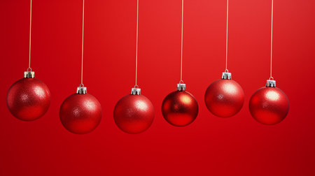 Red christmas balls hanging on red background. 3D illustration.の素材