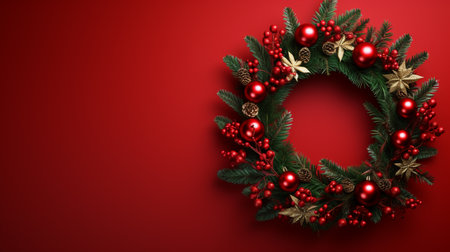 Christmas wreath on red background with copy space. Top view.の素材