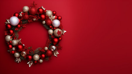 Christmas wreath with red and silver balls on red background with copy spaceの素材