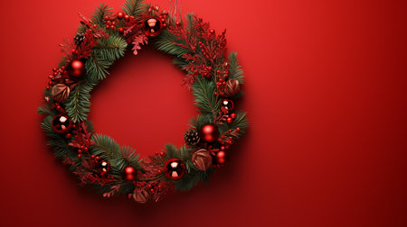 Christmas wreath on red background with copy space. 3d illustrationの素材
