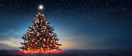 Christmas tree with lights and red baubles on the background of winter landscapeの素材