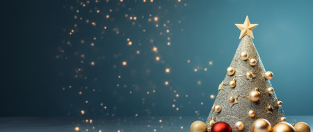 Christmas tree with gold and red balls on blue background. 3d illustrationの素材