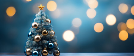 Christmas tree with golden star and baubles on bokeh backgroundの素材