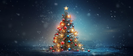 Christmas tree with lights and snowflakes on dark background 3D renderingの素材