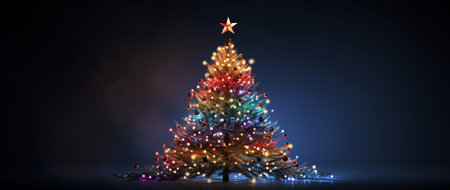 3d rendering of christmas tree with colorful lights on dark backgroundの素材