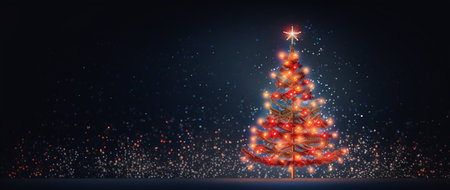 Christmas tree with lights on dark background. Vector illustration. Holiday greeting card.の素材
