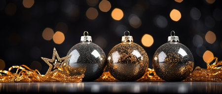 Christmas baubles on a black background with bokeh effectの素材