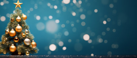 Christmas tree with golden baubles on blue bokeh backgroundの素材