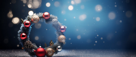 Christmas wreath on a blue background with bokeh. 3d renderingの素材