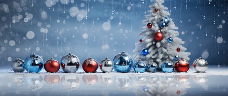 Christmas tree with baubles and snowfall. 3D renderingの素材