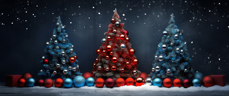 Christmas tree with baubles and presents in snowy landscape 3D renderingの素材
