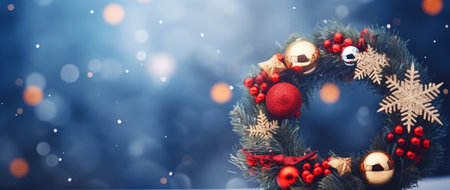 Christmas and New Year holidays background. Festive wreath on bokeh background.の素材