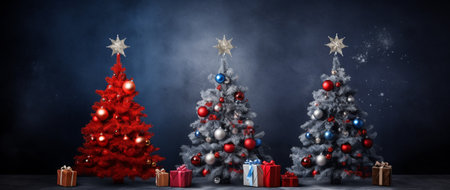 Christmas tree with red and blue baubles and presents 3D renderingの素材