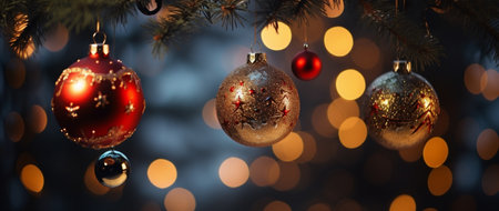 Christmas and New Year holidays background with bokeh lights and ornamentsの素材