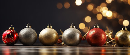Christmas background with golden and red baubles on wooden table.の素材