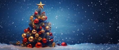 Christmas tree on snow with baubles and star 3D renderingの素材