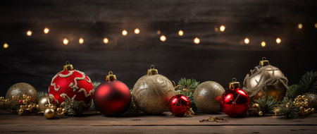 Christmas background with baubles on wooden board and bokeh lightsの素材