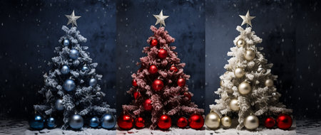 Three Christmas trees with ornaments in front of a dark backgroundの素材