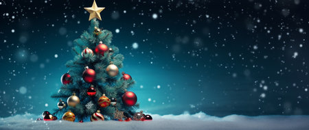 Christmas tree with baubles and stars on snowy background 3D renderingの素材