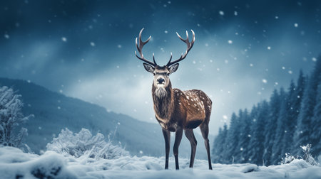Fantastic red deer stag in winter forest. 3d renderingの素材