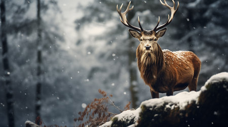 Majestic red deer stag in winter forest. Panoramic image.の素材