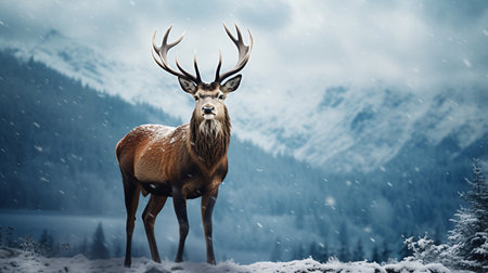 Majestic red deer stag in winter forest. Panoramic image.の素材