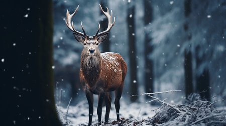 Beautiful red deer stag in snowy forest during a snowfall.の素材