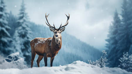 Majestic red deer stag in winter forest. Panoramic image.の素材