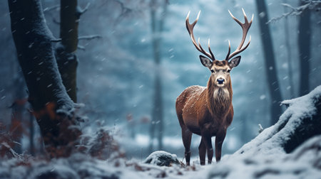 Majestic red deer stag in snowy forest during winter season.の素材