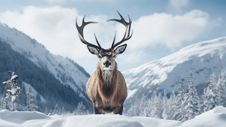 Majestic red deer in snowy landscape. Panoramic imageの素材