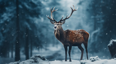 Fallow deer stag in winter forest with snowfall. Filtered image processed vintage effect.の素材