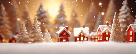 Christmas and New Year background with Christmas trees, houses and snowflakesの素材