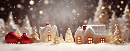 Christmas village houses in the snow. 3D rendering with bokehの素材