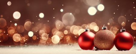 Christmas baubles on snow with bokeh background 3D renderingの素材