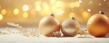 Christmas background with golden baubles on snow and bokeh lightsの素材