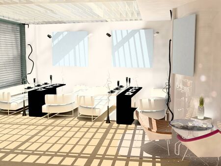 Cafe in a modern style with black and white chairs and paintings on the wallsの写真素材